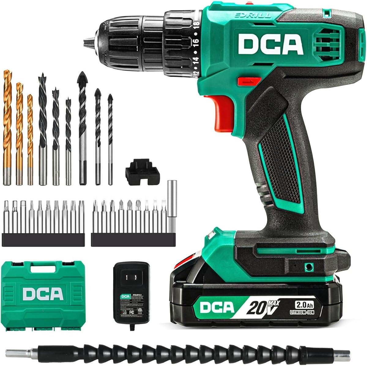 DCA Perceuse-visseuse sans fil, couple de 40 Nm, mandrin auto-serrant de 10 mm, perceuse électrique avec batterie 2,0Ah et chargeur, 18+1 positions, kit perceuse 20V 25 pièces, modèle ADJZ2035