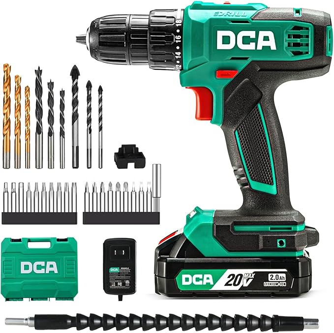 DCA Perceuse-visseuse sans fil, couple de 40 Nm, mandrin auto-serrant de 10 mm, perceuse électrique avec batterie 2,0Ah et chargeur, 18+1 positions, kit perceuse 20V 25 pièces, modèle ADJZ2035