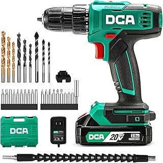 DCA Perceuse-visseuse sans fil, couple de 40 Nm, mandrin auto-serrant de 10 mm, perceuse électrique avec batterie 2,0Ah et chargeur, 18+1 positions, kit perceuse 20V 25 pièces, modèle ADJZ2035