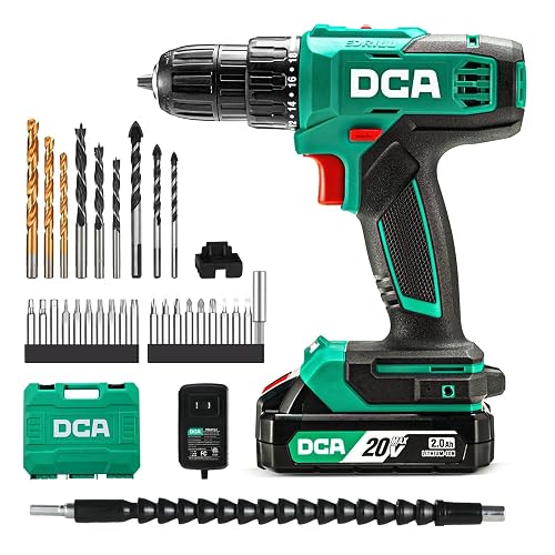 DCA Akku-Bohrschrauber-Set, 40 Nm Drehmoment, 10 mm schlüsselloses Bohrfutter, Elektroschrauber mit 2,0Ah Akku und Ladegerät, 18+1 Drehmomentstufen, 25-teiliges 20V-Bohrerset, Modell ADJZ2035