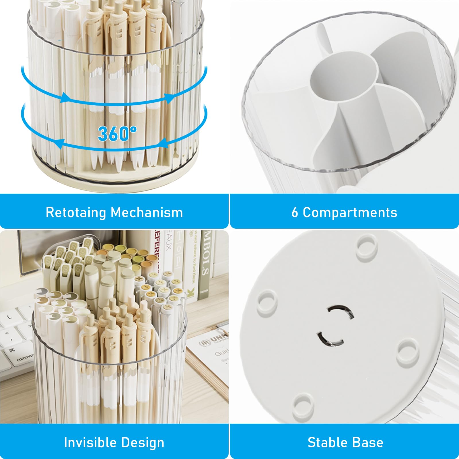 Marte Vanci 360 Degree Rotating Pen Holder Desk Stationery Organiser Tidy Organiser for Pencil Makeup Painting Brush Cosmetic Craft Storage Bin Pen Pot for Home Office School 6 Slots White - Image 4