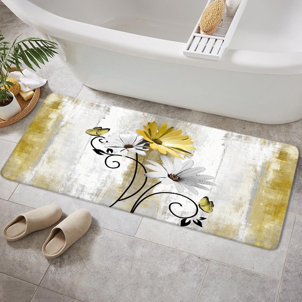 Rustic Farmhouse Bath Mat, Farm Yellow Daisy Floral Flowers Butterfly Country Wooden Bath Rug for Bathroom, Grey White Bath Mat Soft Non Slip Bath Rugs, 16X48IN
