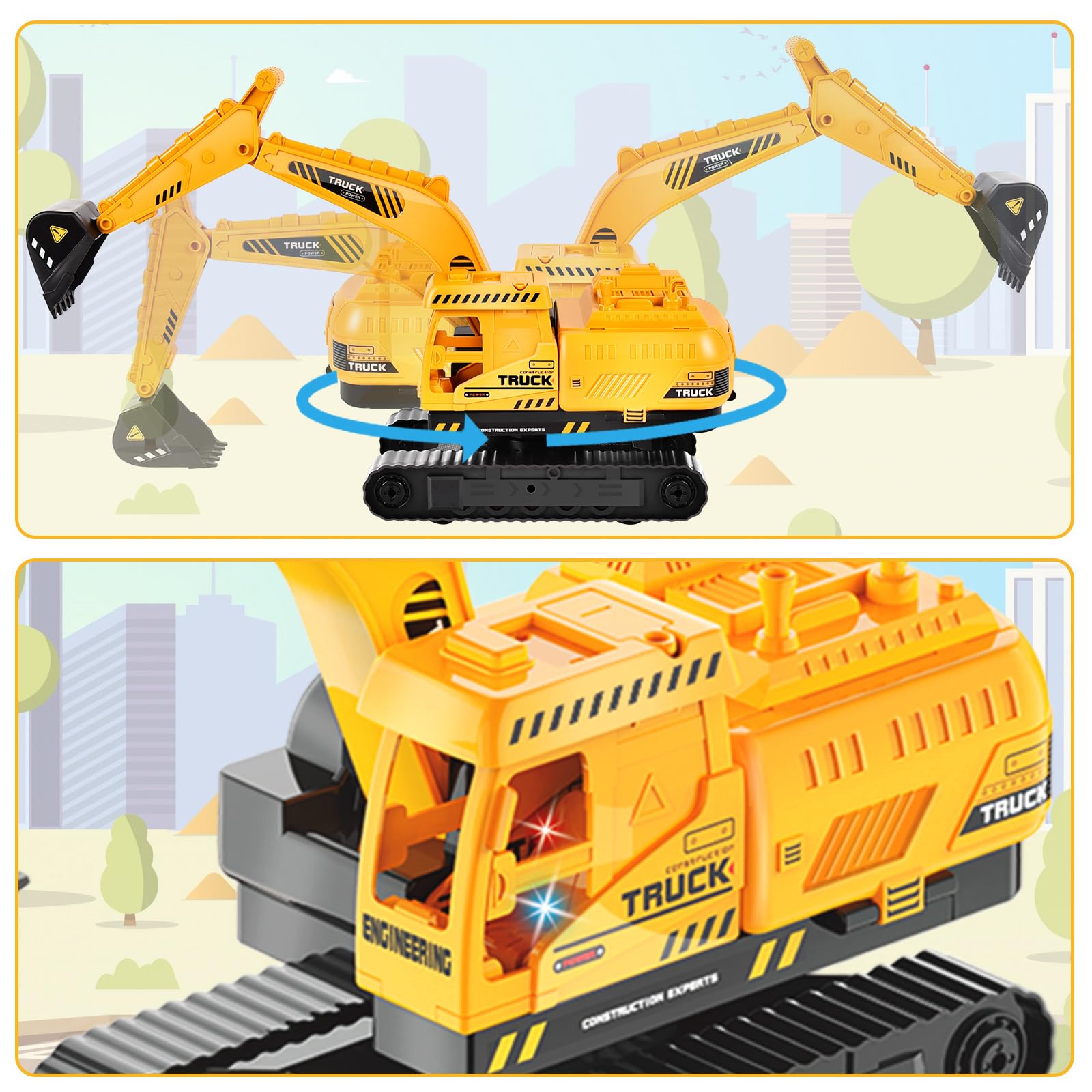 Aragallant Camión Excavadora Juguete, 2 en 1 Juego de Juguetes Camión de Construcción, Juguete de Grúa Excavadora con Luces, Música, 8 Minivehículos y Pista, Regalo de Cumpleaños para Niños