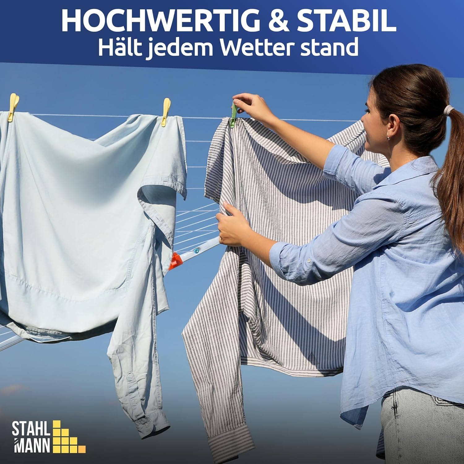 STAHLMANN® Wäschespinne draußen [Made IN Germany ] - Wäschespinne[47 M Leinenlänge] inkl. Bodenhülsen mit Deckel - höhenverstellbareWäschespinne aus hochwertigem Aluminium