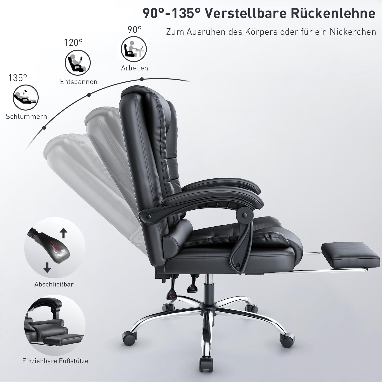 rattantree Bürostuhl Mit Fußstütze, Schreibtischstuhl Ergonomisch, PU Leder Computerstuhl mit Gepolsterter Armlehne und Weiche Kopfstütze, Neigungsfunktion, Höhenverstellbar, Chefsessel, Schwarz