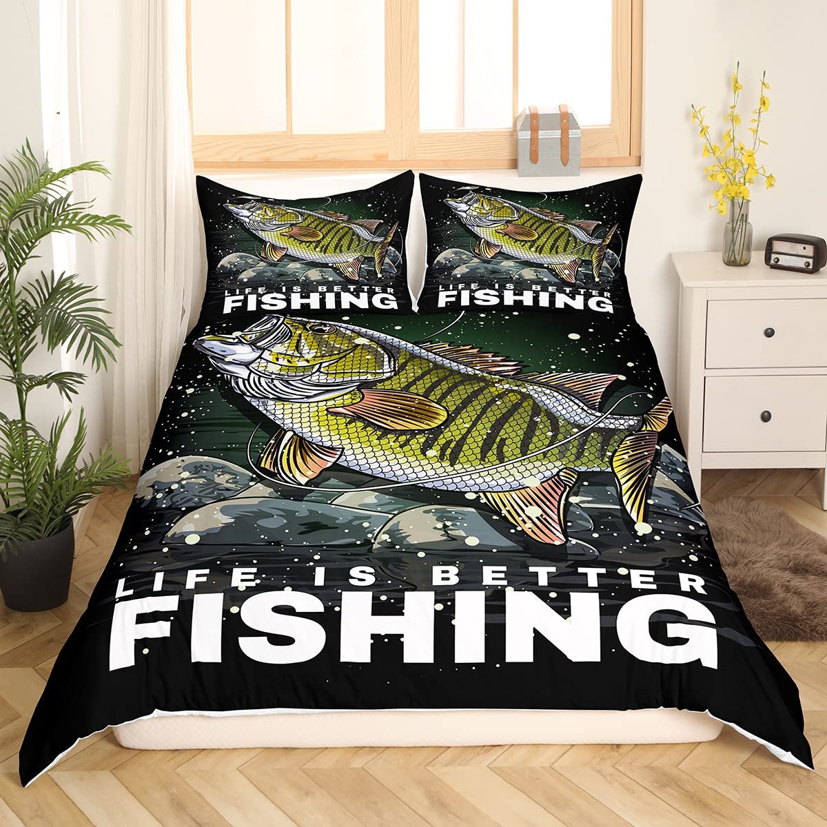 Loussiesd Big Pike Fish Comforter Bedding Set - Fishing & Hunting Duvet Cover for Kids - Microfiber Fisherman Fish Quilt - Super King - Image 4