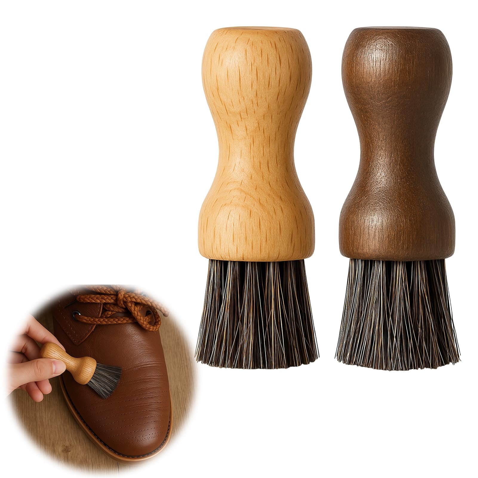 Cepillos para Zapatos de Crin de Caballo Natural,Juego de 2 Cepillo de Crin Fina para Aplicar Betún,Cera y Pulir Calzado de Cuero,Profesional para Limpieza de Zapatos y Muebles