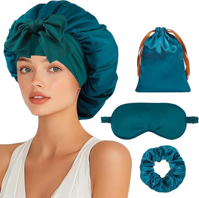 Conjunto de touca de cetim Pengxiaomei com máscara para os olhos, scrunchie e bolsa