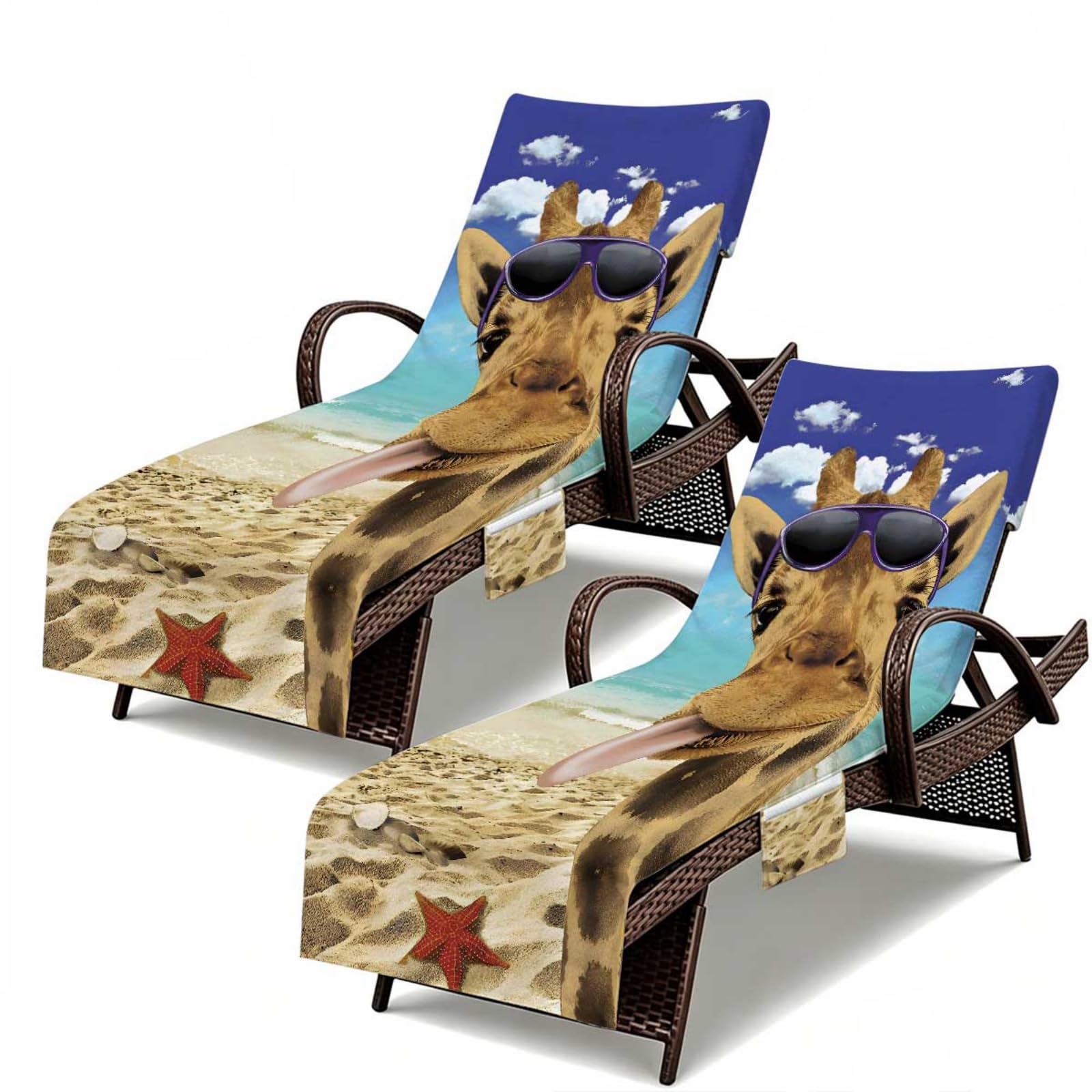 Set di 2 Telo Lettino Mare con Tasche Laterali, (Giraffa marrone,210x74cm)