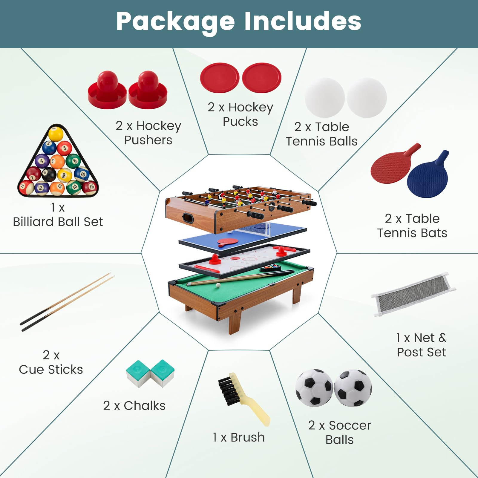 FANTASK Tavolo da gioco 4 in 1 Multifunzione con Manico Antiscivolo, Calcio da Tavolo & Biliardo & Air Hockey & Ping-pong, Calcio Balilla in Legno per Sala Giochi, Bars, Calcio da Tavolo per Bambini