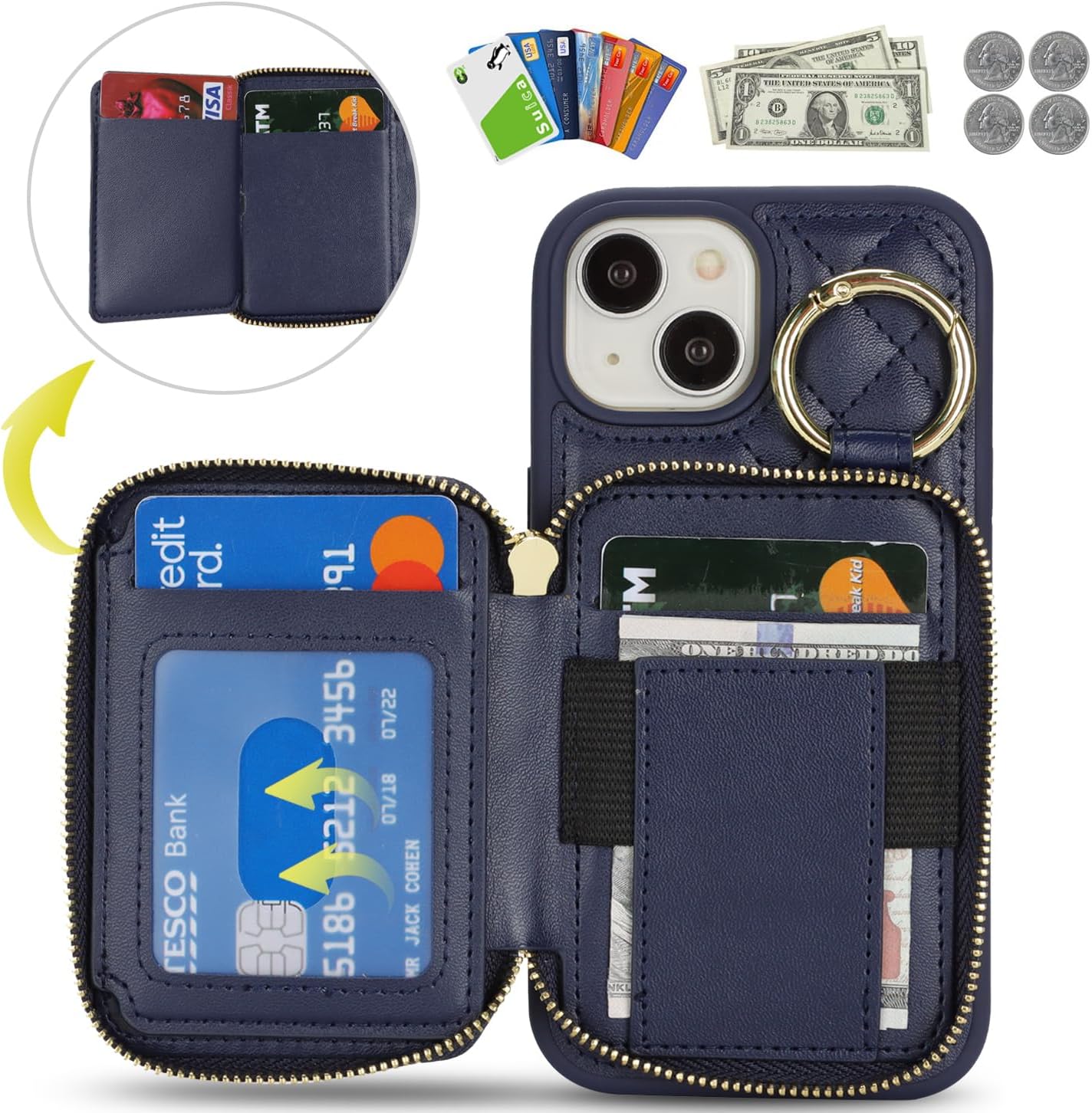 for iPhone 14 Case Wallet with Card Holder,for iPhone 14 Phone case Wallet with Zipper with Slot Kickstand Stand Case for Women and Man 5G 6.1 Inch-Blue