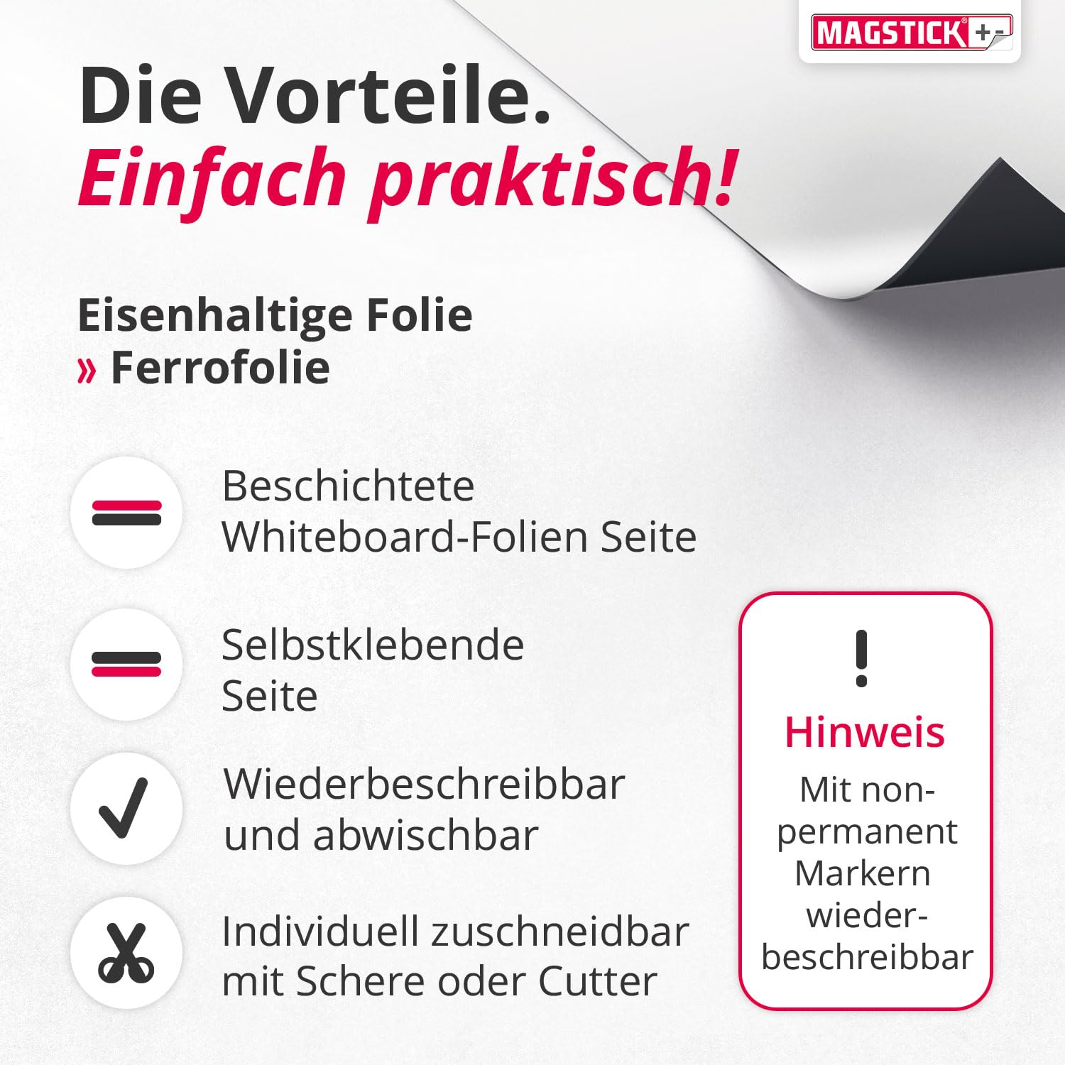 Ferrofolie Whiteboard-Folie selbstklebend I DIN A0 118,9 x 84,1 cm I flexibel beschreibbar abwischbar I Haftgrund für Magnete I XXL in weiß I mag084