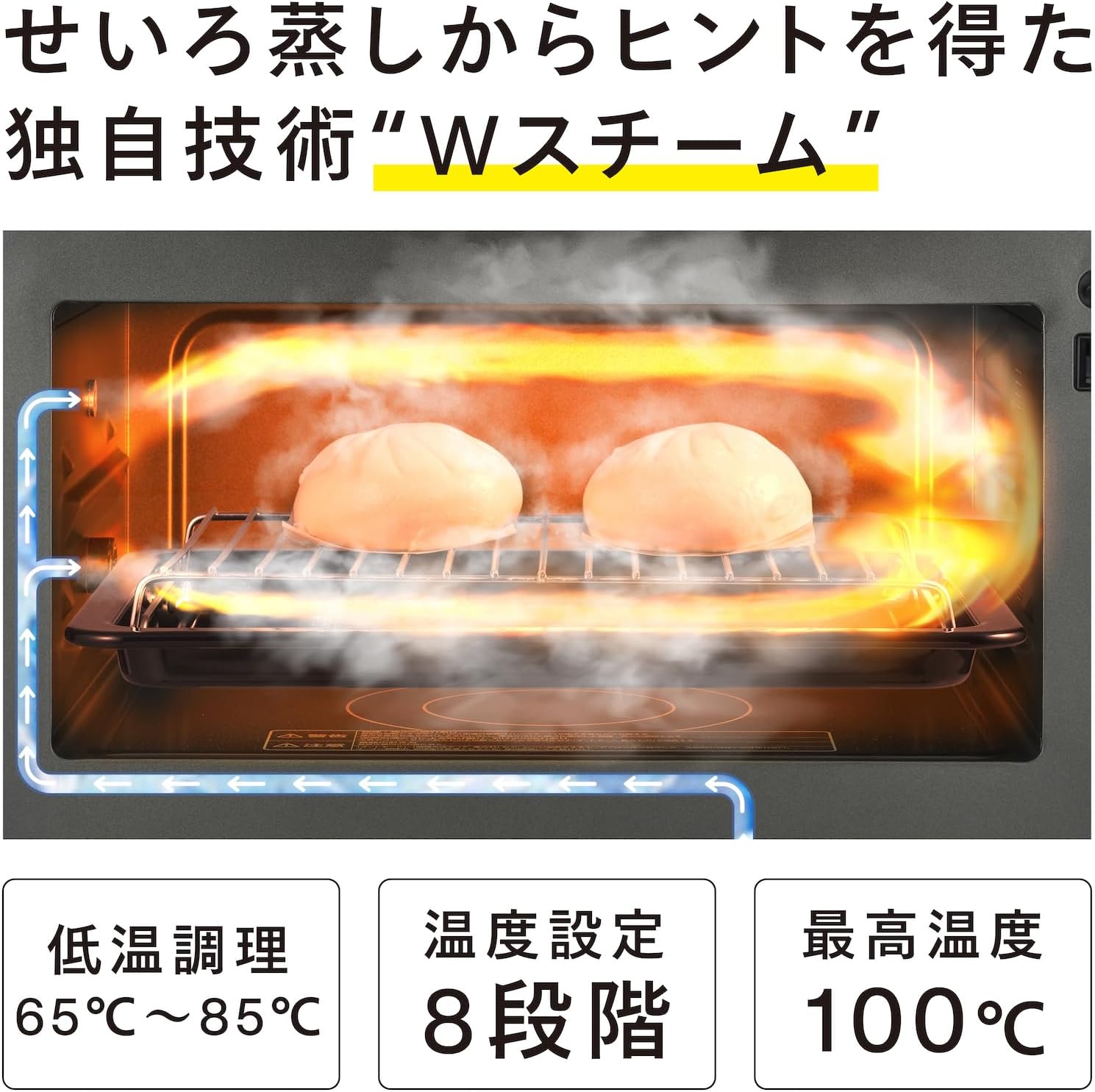 Diagram illustrating the 'W Steam' technology with steam circulating from top and bottom.