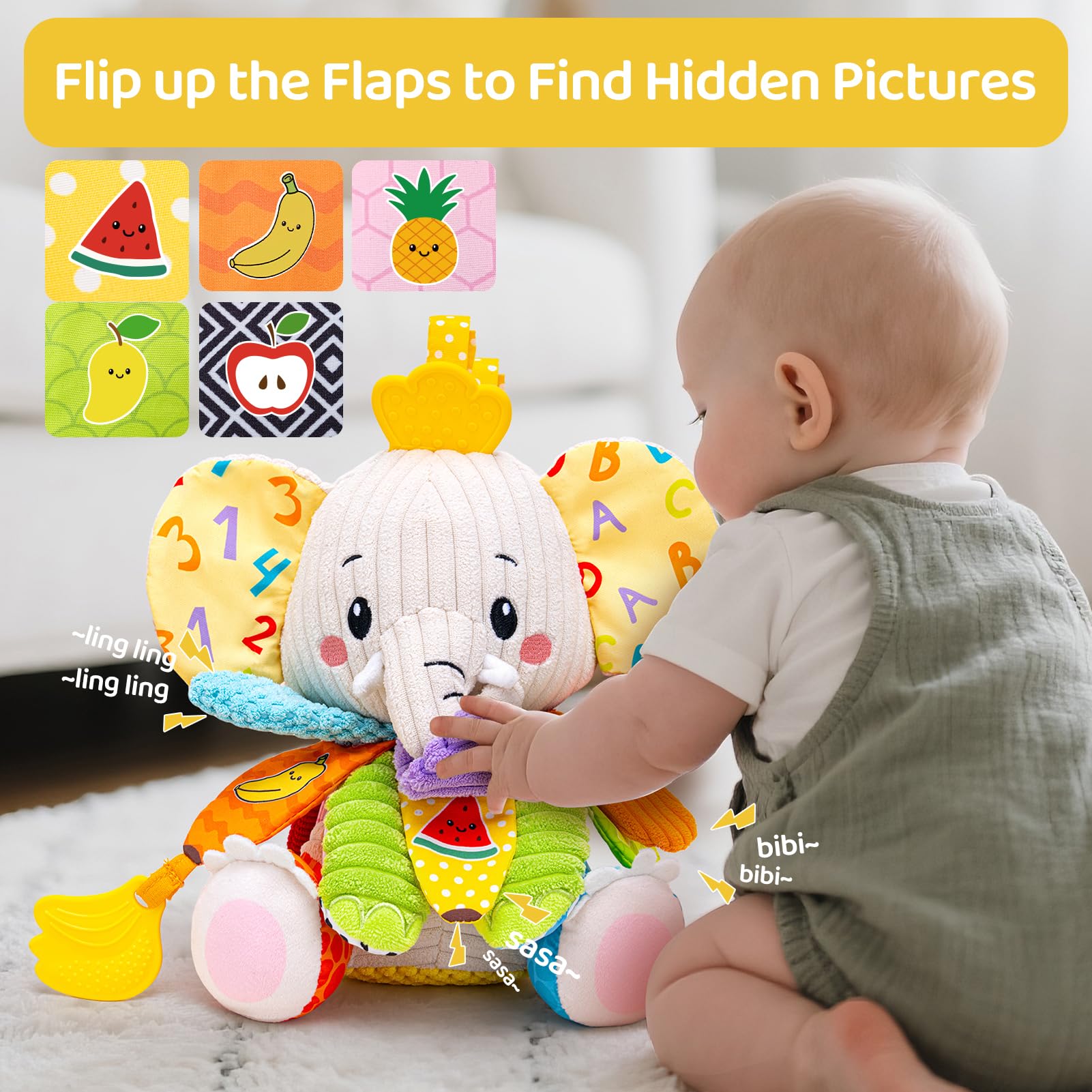 Baby Toys 3-6 Months, Musical Stuffed Elephant Toddler Toy for Newborn Infant 3 6 9 12 Months, Tummy Time Toys Montessori Sensory Toys 0-6 6-12 Months, Crinkle Paper, Mirror Soothing Music Shower Gift