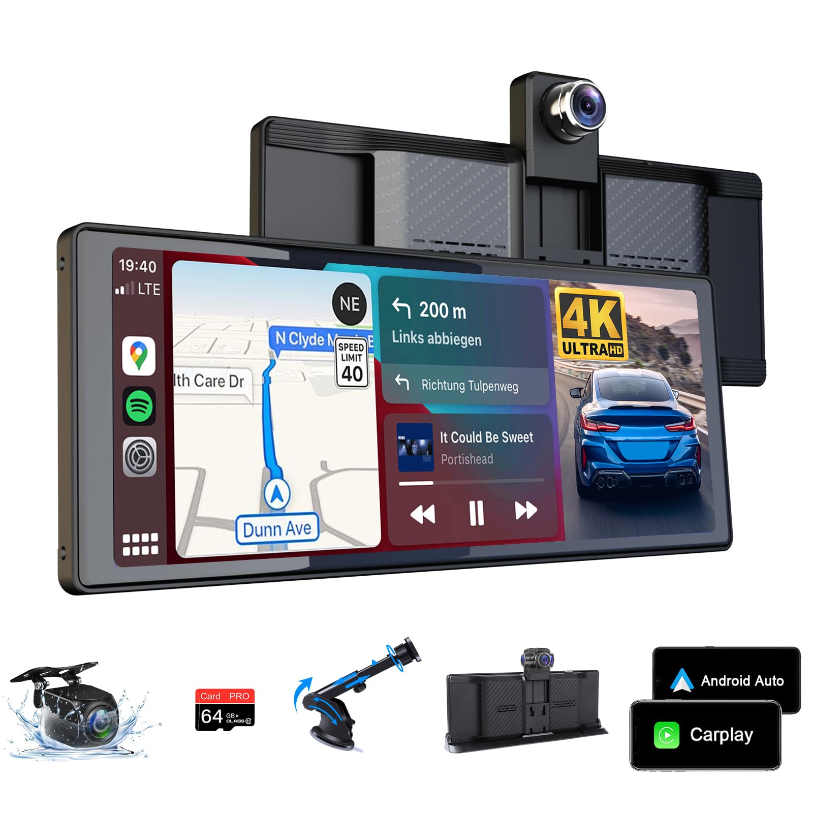 4K Apple Carplay Android Auto Display mit Exklusive Halterung, 350° Drehbare 10,26 Zoll Auto Display Car Play Bildschirm, Buddy Display mit Siri/G-oogle GPS Navigation Bluetooth 64GB TF-Karte