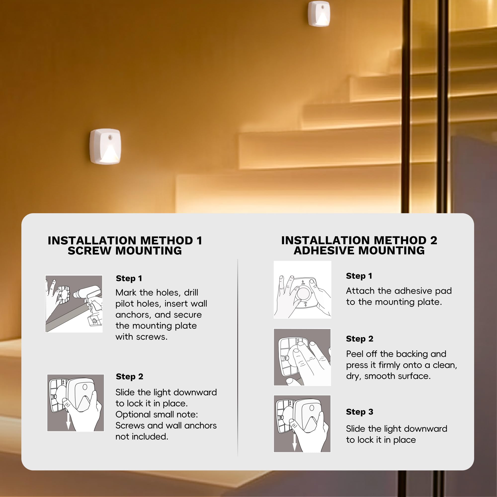 Luces adhesivas con sensor de movimiento, luz nocturna LED blanca cálida, luces de escalera que se pegan en cualquier lugar, luz de armario inalámbrica, luz de pared a pilas para cocina, pasillo,