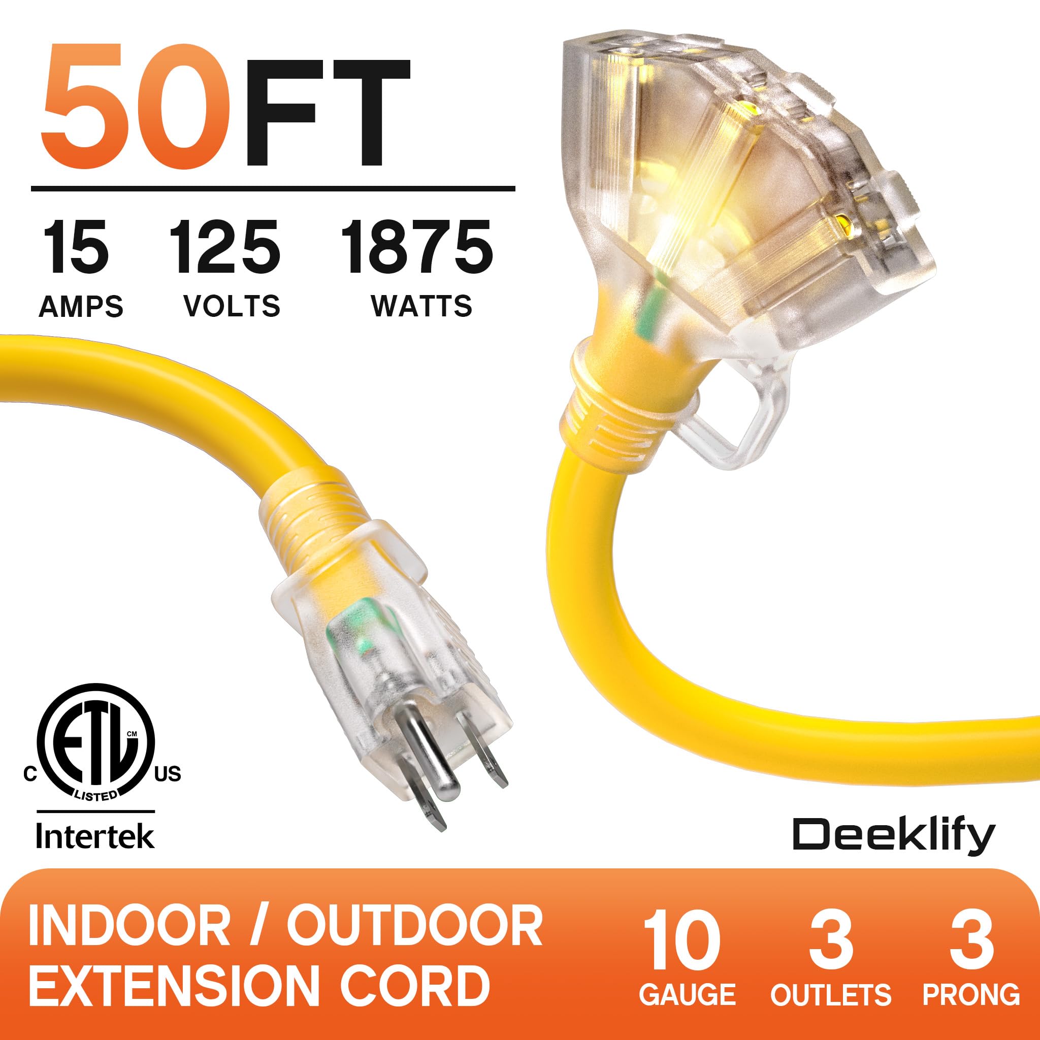 Cavo di prolunga da esterno 15,2 m 10/3 con prese multiple, resistente alle intemperie, 3 uscite SJTW Splitter con indicatore luminoso, 15 A 1875 W per giardino, gole e
