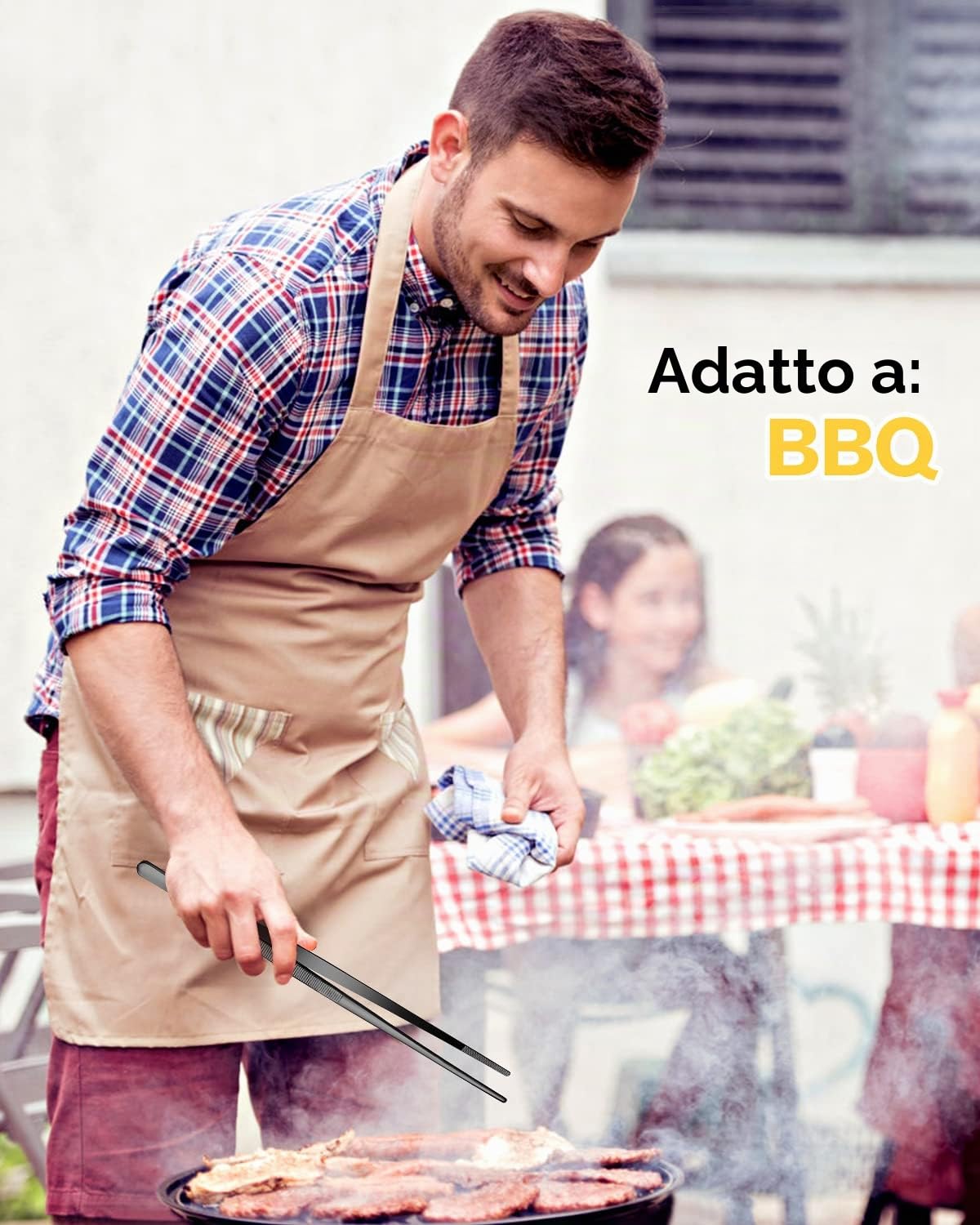 Set di pinzette da cucina, pinze professionali per alimenti in acciaio inox, pinzetta da cucina nera lunga per cucinare, impiattare, decorare e barbecue (NERO, 25,5 CM)