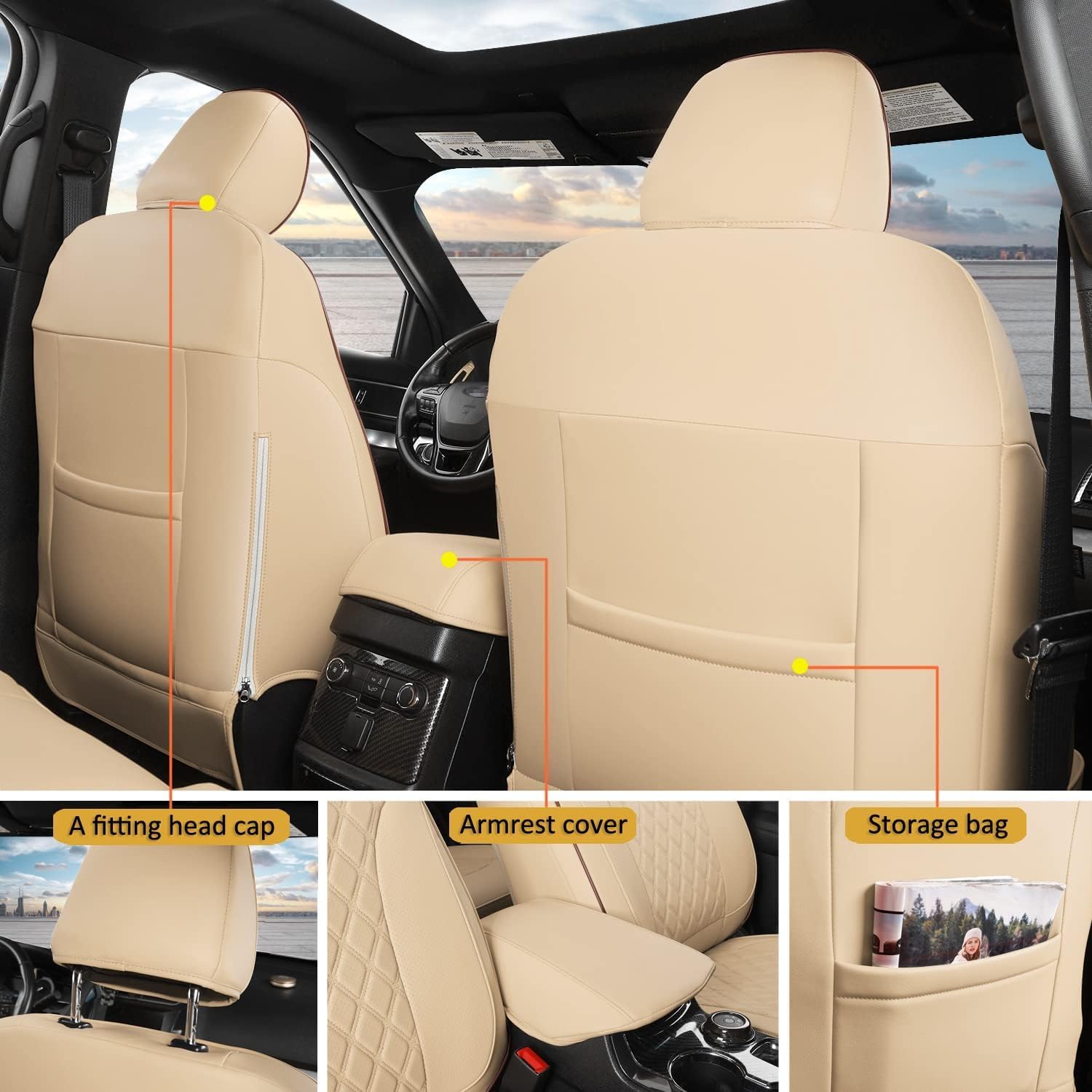 GIANT PANDA Pu Leather Car Seat Covers Full Set Custom Fit 2020 2021 2022 2023 2024 Ford Explorer ST,King Ranch,Platinum & 2025 Active,ST-Line,Platinum,ST,7 Seats, Second Row 40/20/40 Split(Beige)