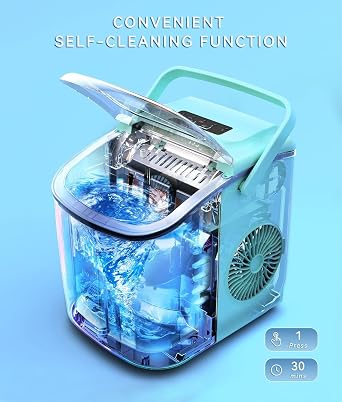 ecozy Portable Ice Maker Countertop, 9 Cubes Ready in 6 Mins, 26 lbs in 24 Hours, Self-Cleaning Machine with Ice Bags/Standing Ice Scoop/Ice Basket for Kitchen Office Bar Party, Aqua