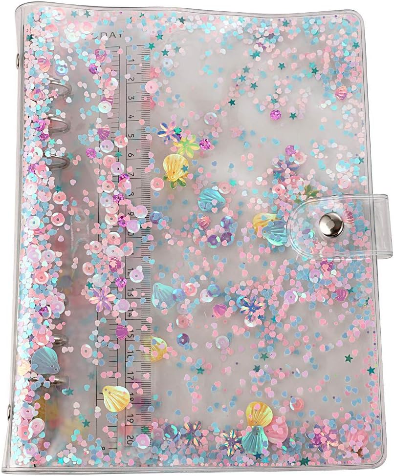 A5 6-Ring Loose Leaf Binder Cover PVC Glitter A5 Planner Binder Cover Notebook Binder Refillable Notebook Shell with Snap Button Closure for Round-Ring Planner Pages (Inner Paper Not Included)