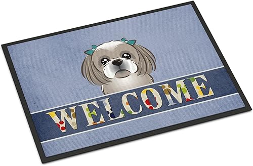 Miniatura 215 de Caroline's Treasures BB1449JMAT - Tapete de bienvenida de carlino negro, 24 x 36 pulgadas, tapete azul para puerta delantera, para interiores