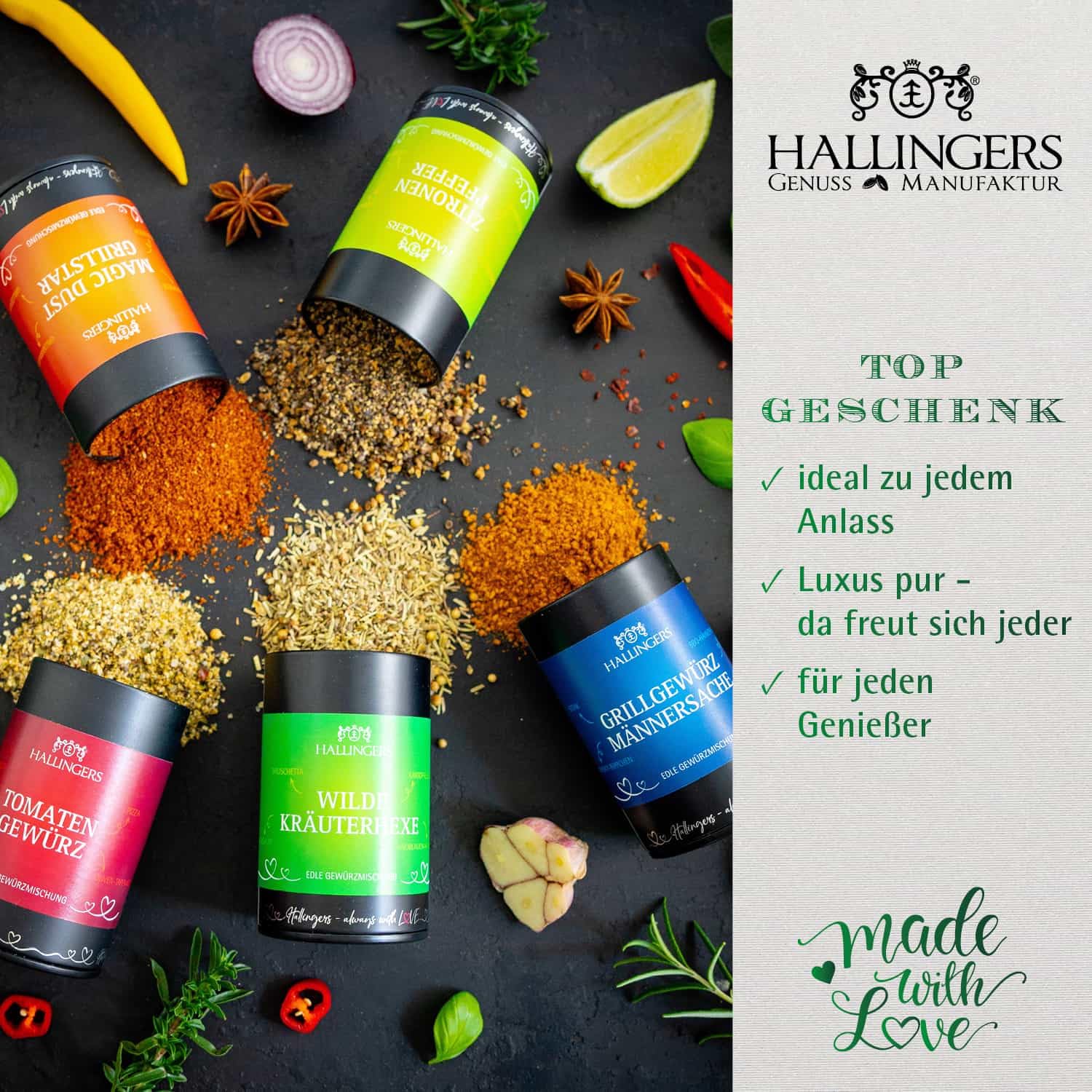 Hallingers Genuss Manufaktur Gewürz Geschenk-Set - Selektion unserer Besteller als Probierset in edlen Aromadosen & Tragetasche "Best of Hallingers", Geschenkidee für Frauen Männer