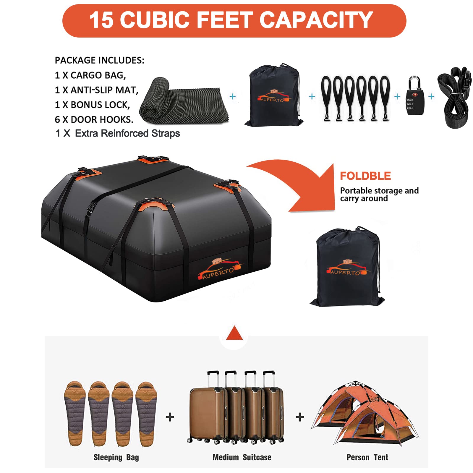 Sac de Toit, 425L Coffre de Toit de Voiture Pliable 15 Pieds Cubes Coffre de Toit Souple Pliable Etanche pour Toutes Les Voitures avec/sans Porte-Bagages