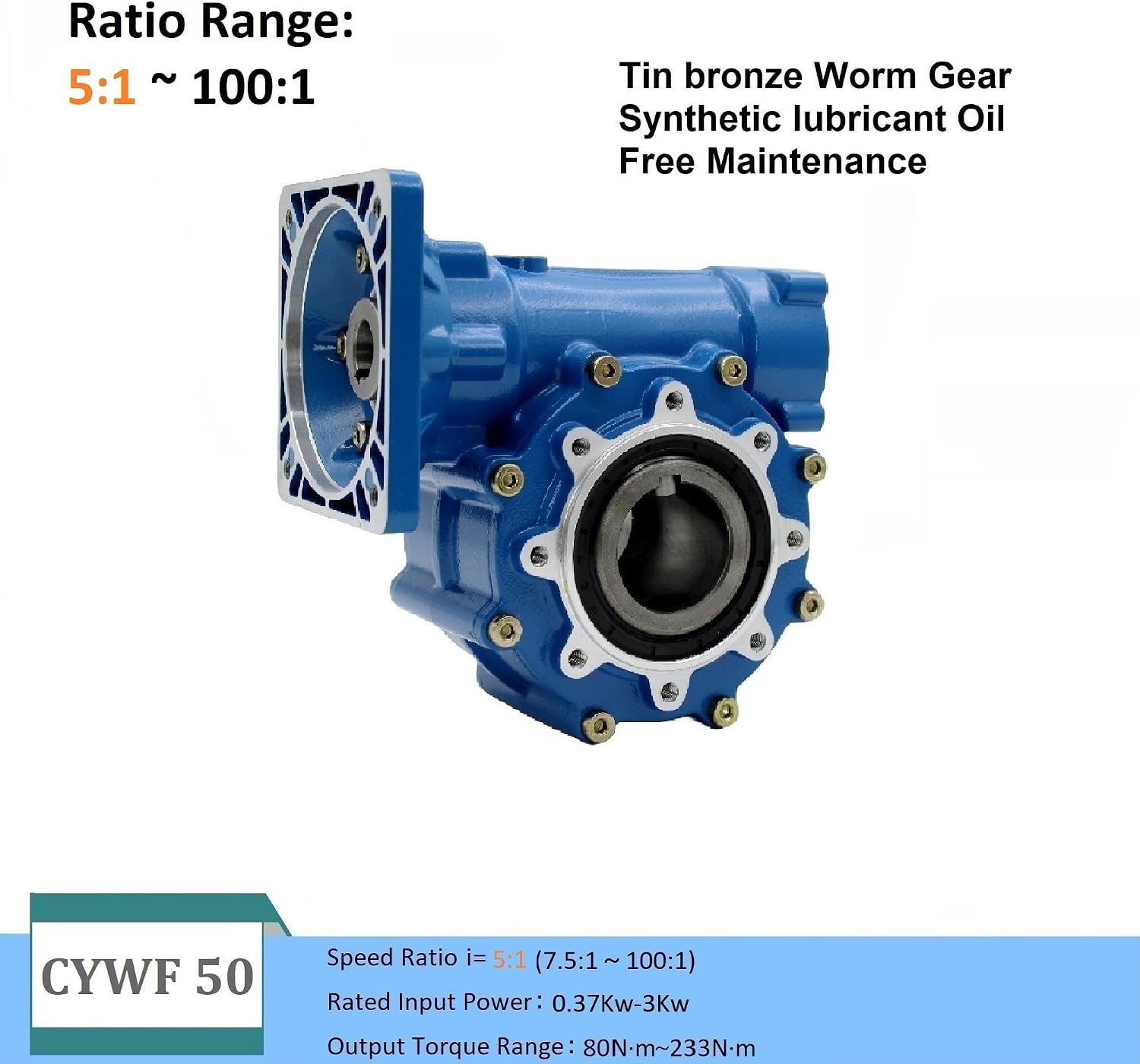 Worm Gearbox CYWF50 output hole 50mm input 22mm With Tin bronze worm gear and Synthetic Oil(Ratio 7.5 to 1,Input 19mm 80B14)