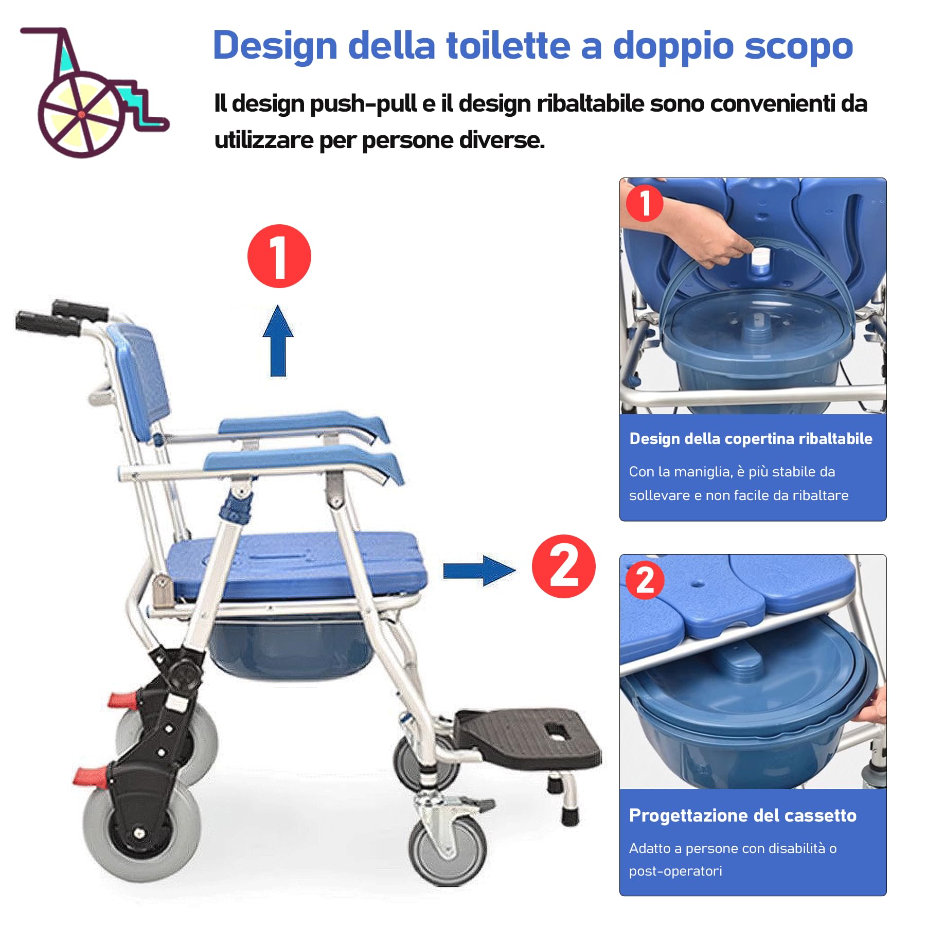 Sedia da Doccia con Rotelle per Anziani e Disabili, Sedia per WC con Rotelle Pieghevole, Sedile da Bagno - 4 Ruote con Freni, Ridurre L'attività per Evitare Lesioni, Carico 150 kg