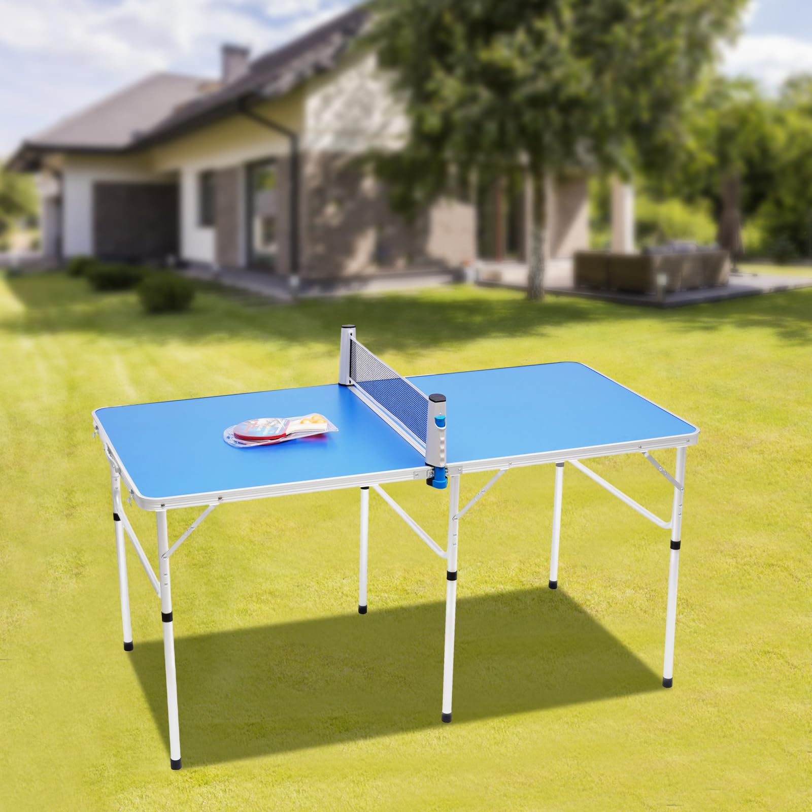 Tischtennisplatte Klappbar, Indoor Tischtennistisch, Outdoor Ping Pong Tisch Set, Tragbarer Ping Pong Tisch mit 2 Tischtennisschlägern, 3 Bällen, Netz, 152 * 76 * 76cm, Blau, für Zuhause Unterwegs