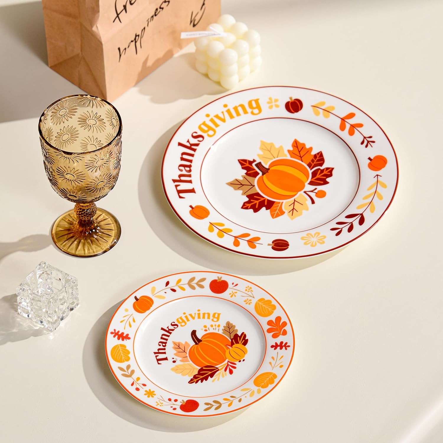 Fine Bone China Thanksgiving plates, 8 inches Dessert Fall Plates Set of 4, Pumpkin, Maple Leaf Design, Thanksgiving Dishes Table Decorations Thin and Light Weight, Festival Gifts Designed Box