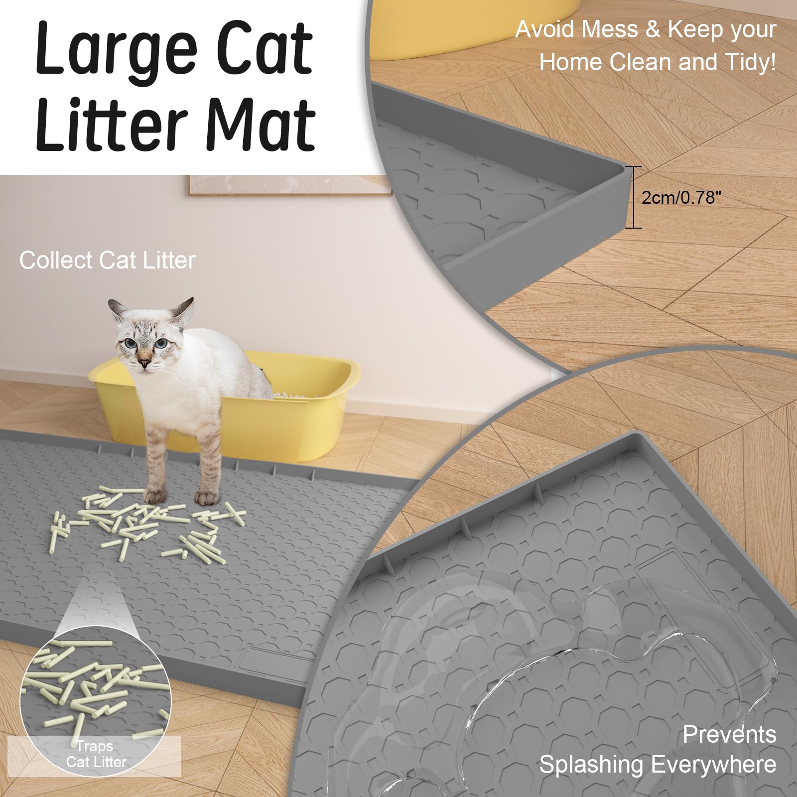 Große Katzenstreu-Matte, 86,4 x 55,9 cm, Katzenstreu, Fangmatte für Katzentoilette, Silikon, mit erhöhten Kanten, wasserdicht, Beige, 2 Stück