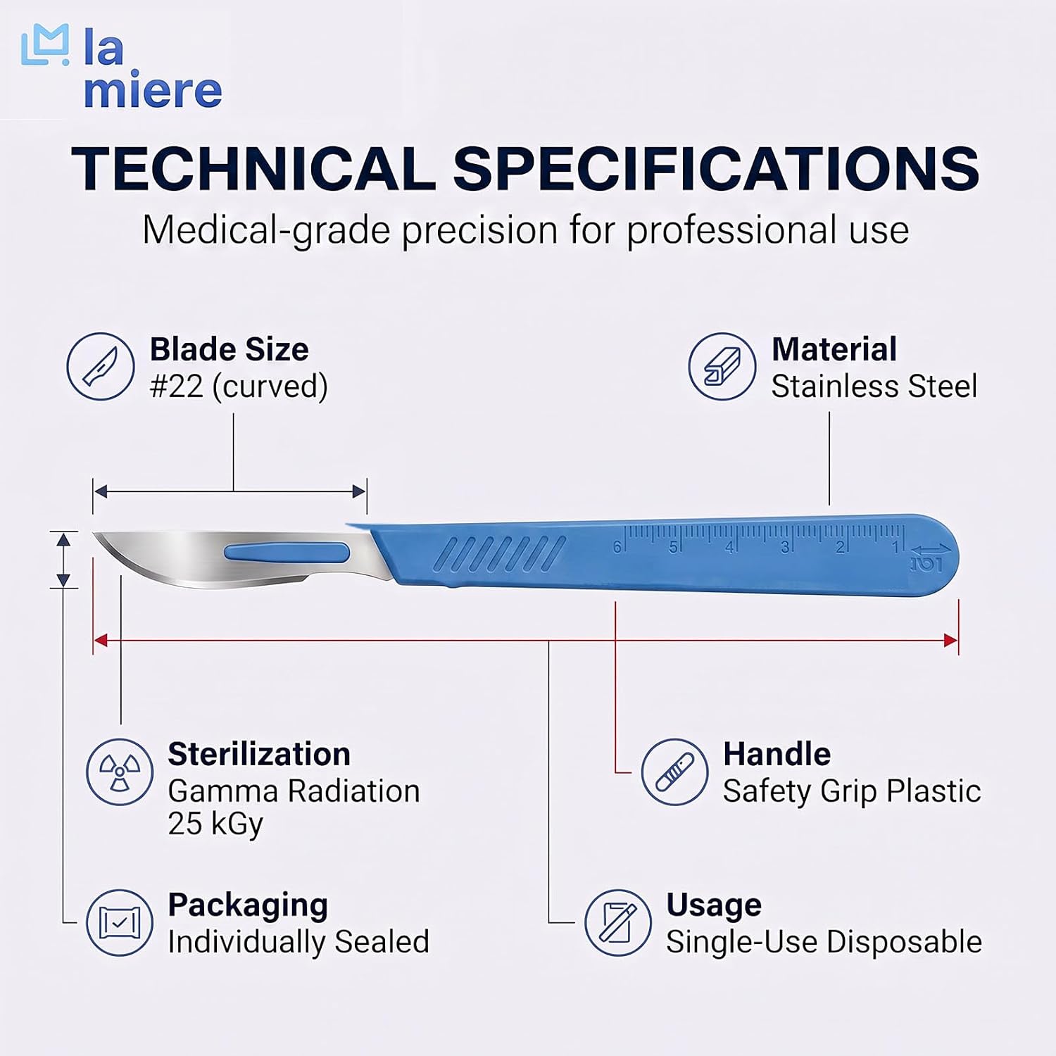 LA MIERE 10-Pack Disposable Surgical Scalpel (#12) Knives, Sterile Stainless Steel Blades, Plastic Handles, Individually Foil Wrapped