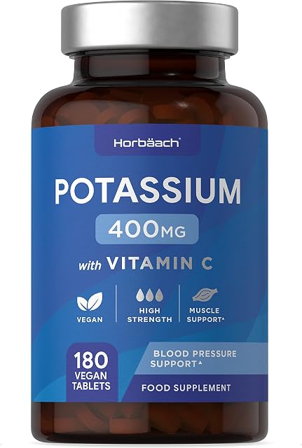 Potassium Supplement 400mg with Vitamin C | 180 Vegan Tablets | Potassium Chloride Supports Normal Blood Pressure | No Artificial Preservatives | by Horbaach