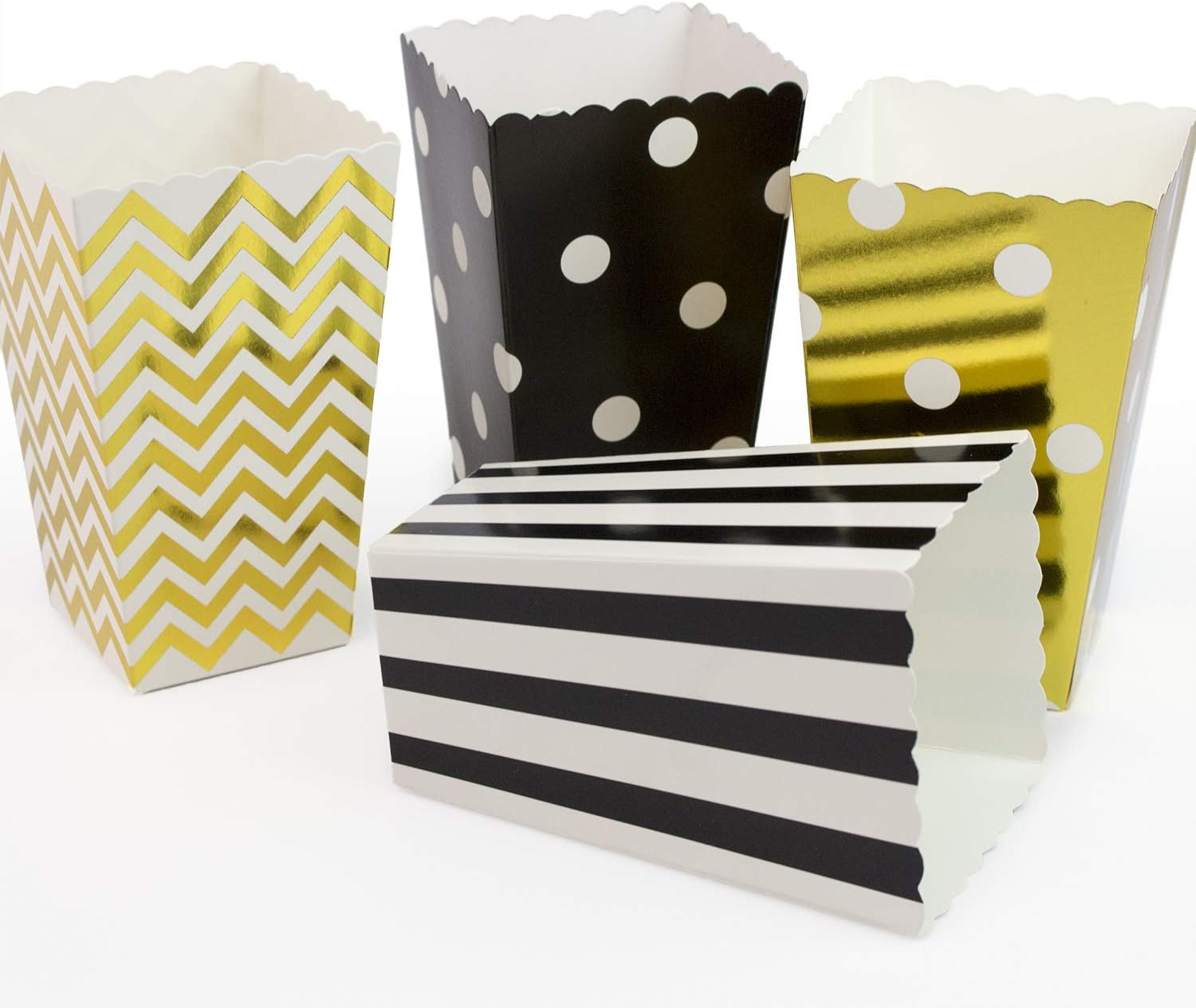 Dulousia 48pcs Popcorn Boxes Gold and Black, Striped, Chevron, Polka Dot Paper Candy Container for Weddings, Birthday Parties,Carnival Party,Baby Showers,Movie Theater