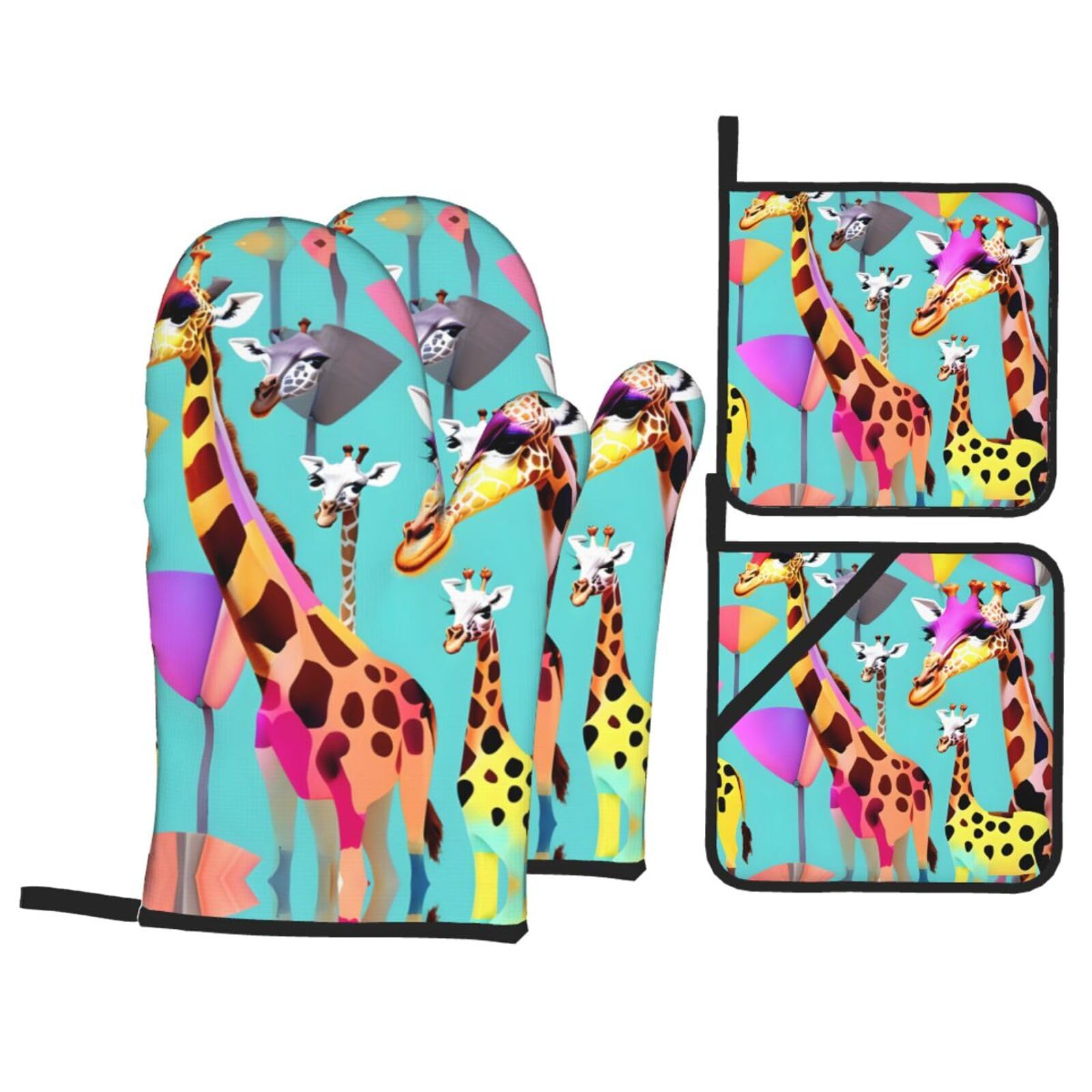 Colorful Giraffe Fans Lovers Print Oven Microwaving Waterproof Kitchen Gloves for Baking Grilling Holiday Cooking
