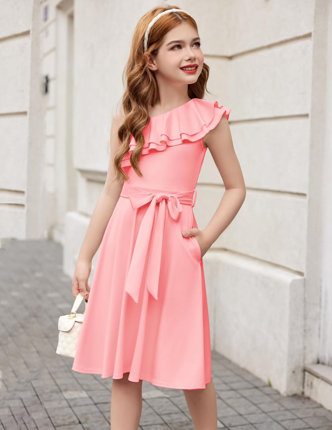 Arshiner Girls Dress One Shoulder Formal Ruffle Trim Birthday Party Dresses with Belted Pockets for 5-12 Years - Image 2