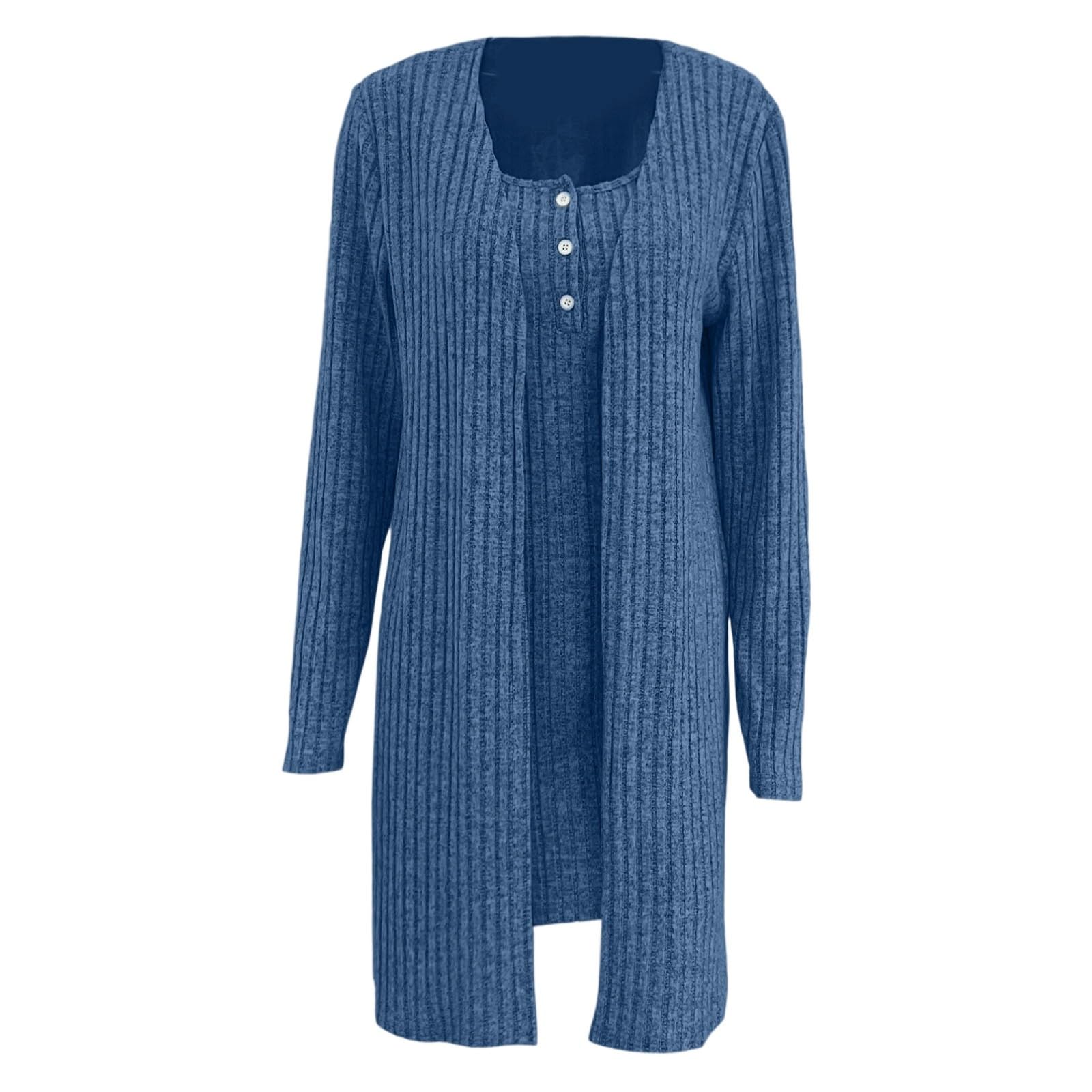 Abito senza maniche e cardigan in due pezzi, tunica in maglia a coste morbida, canotta, abito lungo con cappotto aperto sul davanti, outfit casual