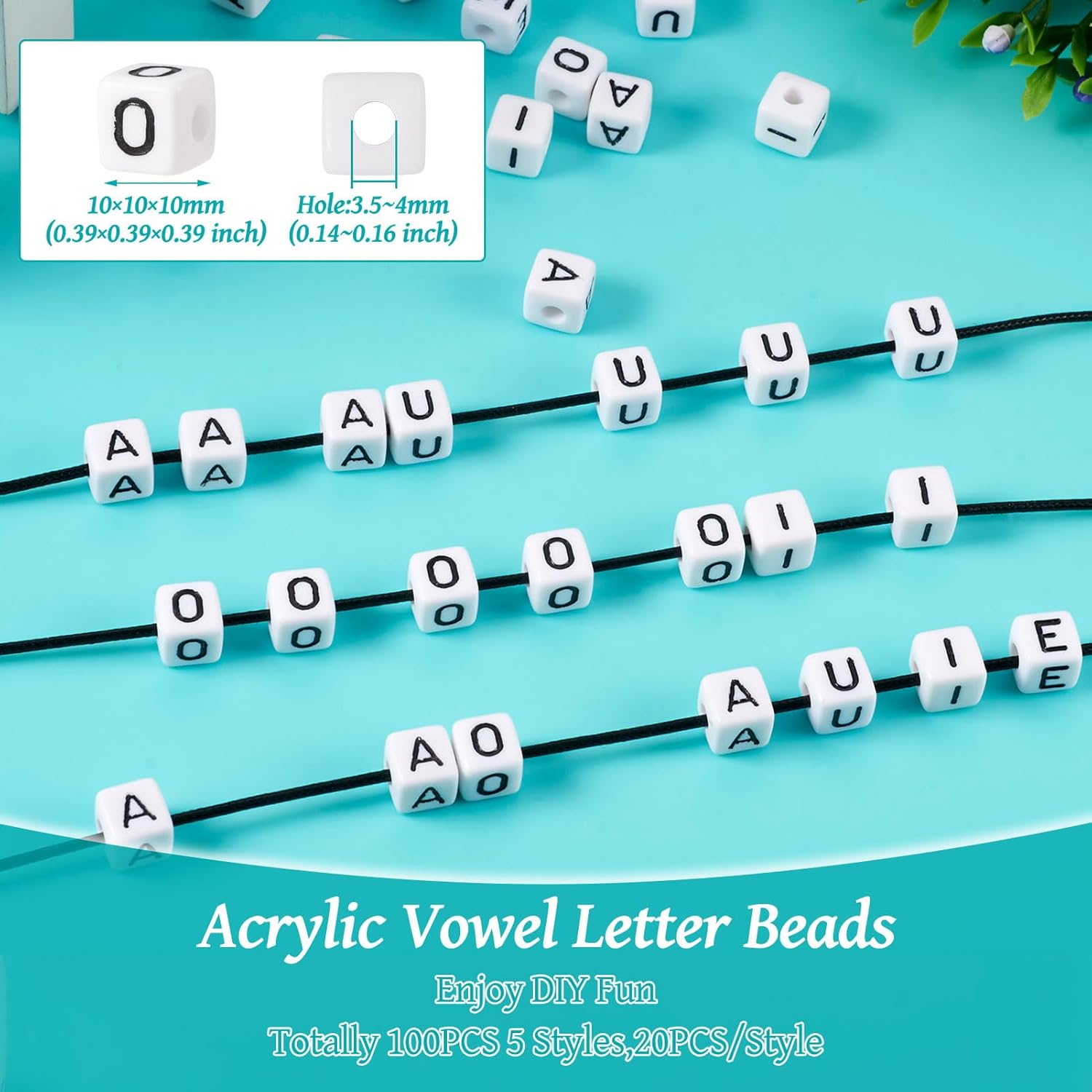 Craftdady 100Pcs 10mm Acrylic Vowels Letter Beads Cube Pony Beads White Large Hole European Bead A E I O U Alphabet Bead for Crafts Friendship Bracelets Jewelry Making Supplies - Image 2