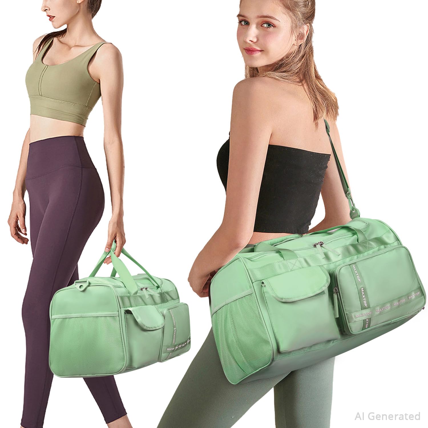 MAXTOP Reisetasche für Damen, Handgepäcktasche, Wochenendtasche, Übernachtungstasche, großes Fassungsvermögen, mit Schuhfach, Sporttasche mit Trocken- und Nass-Trennung, Matcha-Grün, Large size,