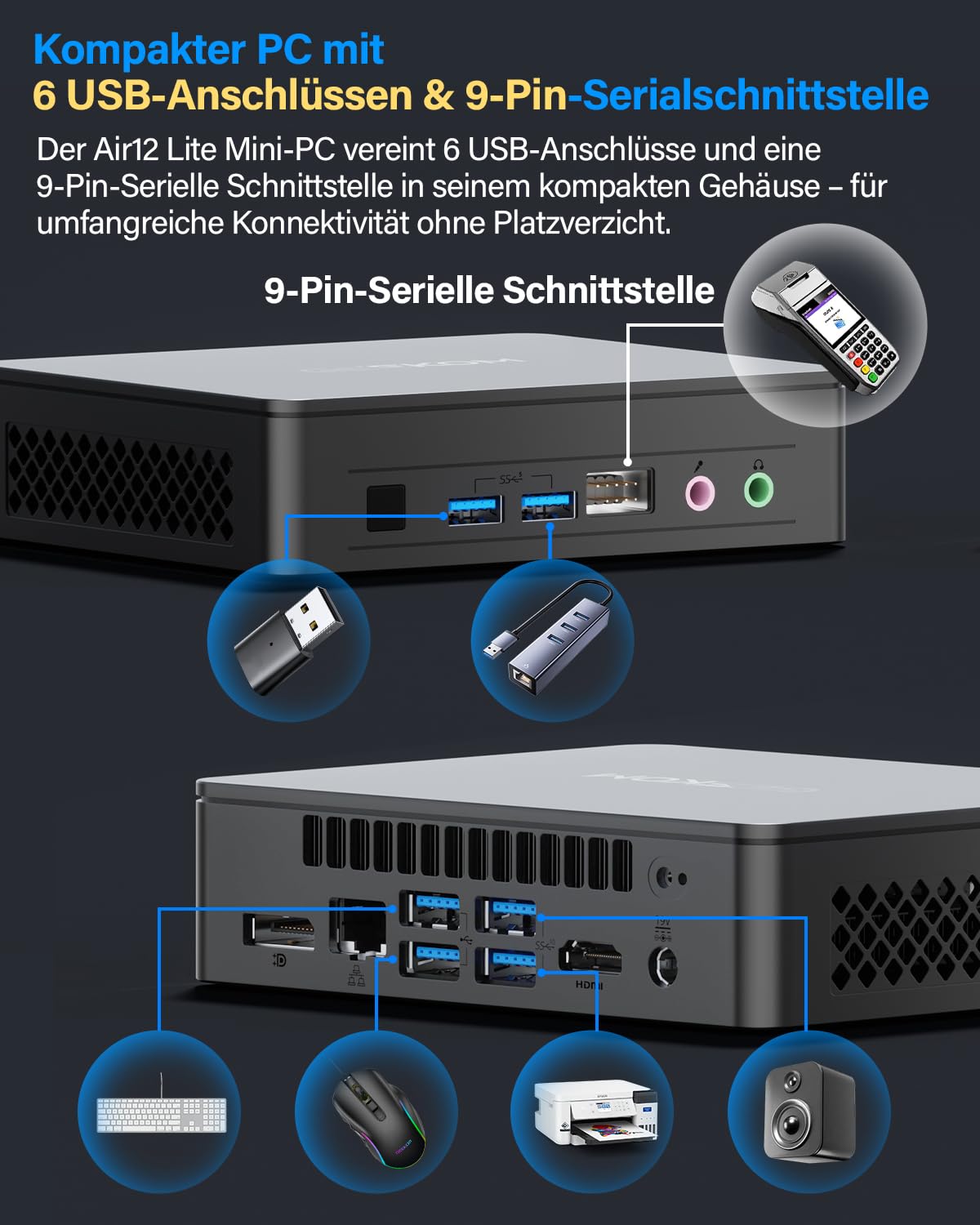 GEEKOM Business Mini PC Air12 Lite mit Intel N95, 8GB DDR4 256GB SSD | 3 Jahre Garantie Mini Desktop, 6×USB,9-PIN Ports, Dual-Display 4K@60Hz Ultra-leiser Kompakter Desktop PC für Office Home