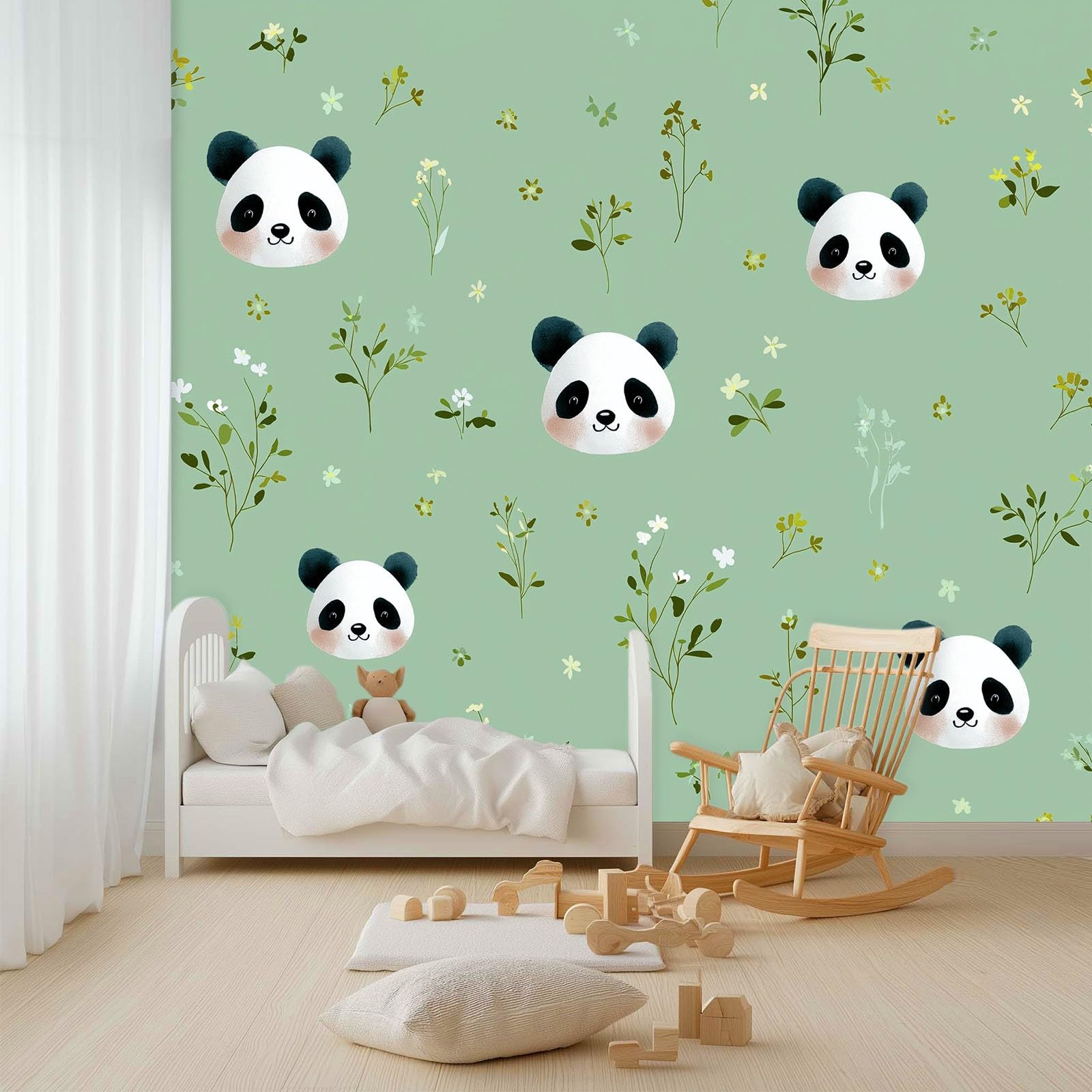 Fototapeta z włókniny, efekt 3D, 200 x 140 cm, kreskówka, zwierzęta, panda, wzór kwiatowy, rośliny, szałwia - panoramiczny obraz ścienny do salonu i sypialni, korytarza, duża dekoracja ścienna, tapeta