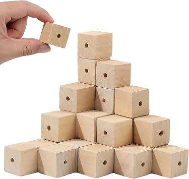 30Pcs Unfinished Wood Craft Cubes 1 inch Wooden Blocks with Holes Square Spacer Beads for Crafts DIY Projects