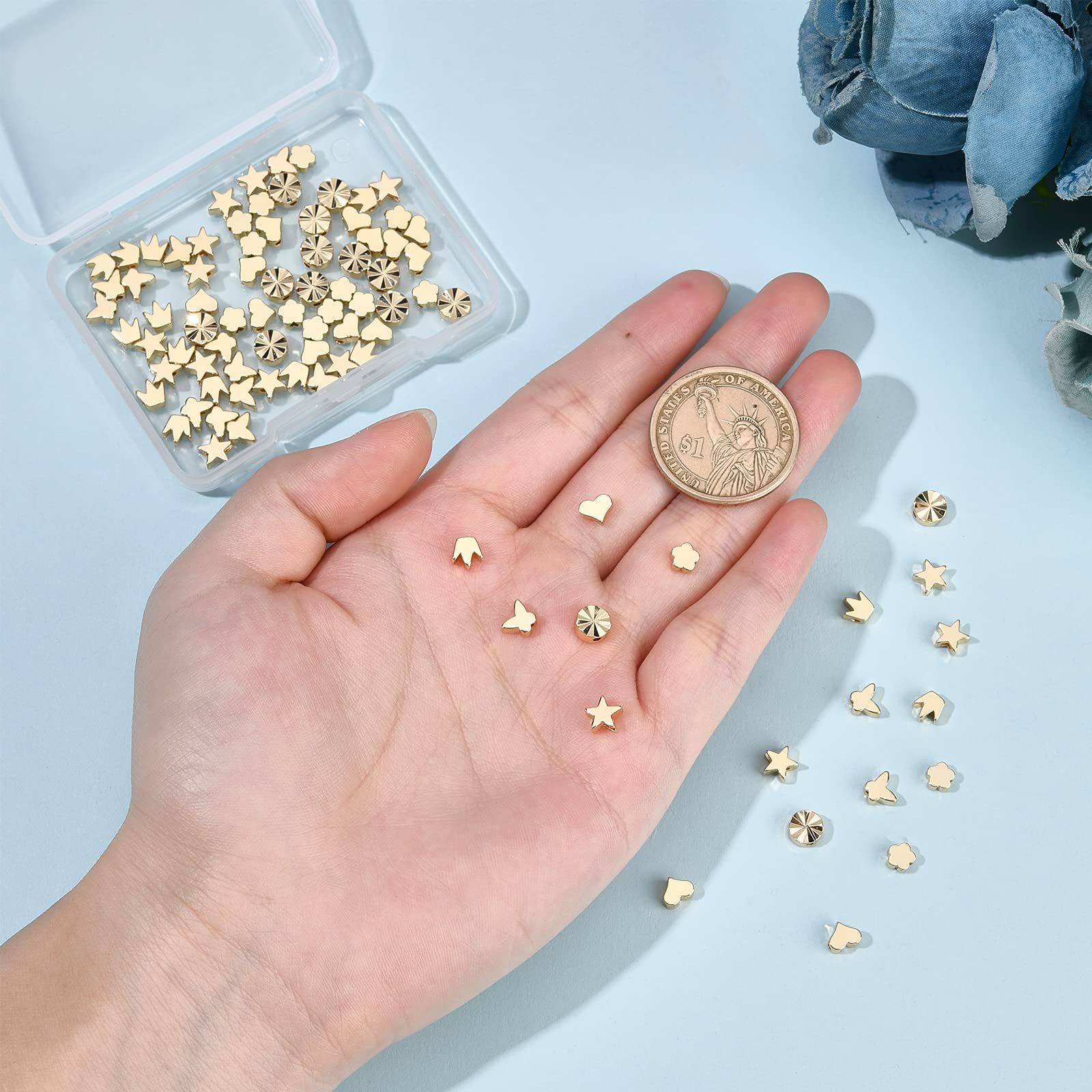 BENECREAT 90Pcs 14K Gold Plated Brass Beads 6 Style Spacer Beads Heart Beads Flower Beads for DIY Bracelet Jewelry Craft Making - Image 3