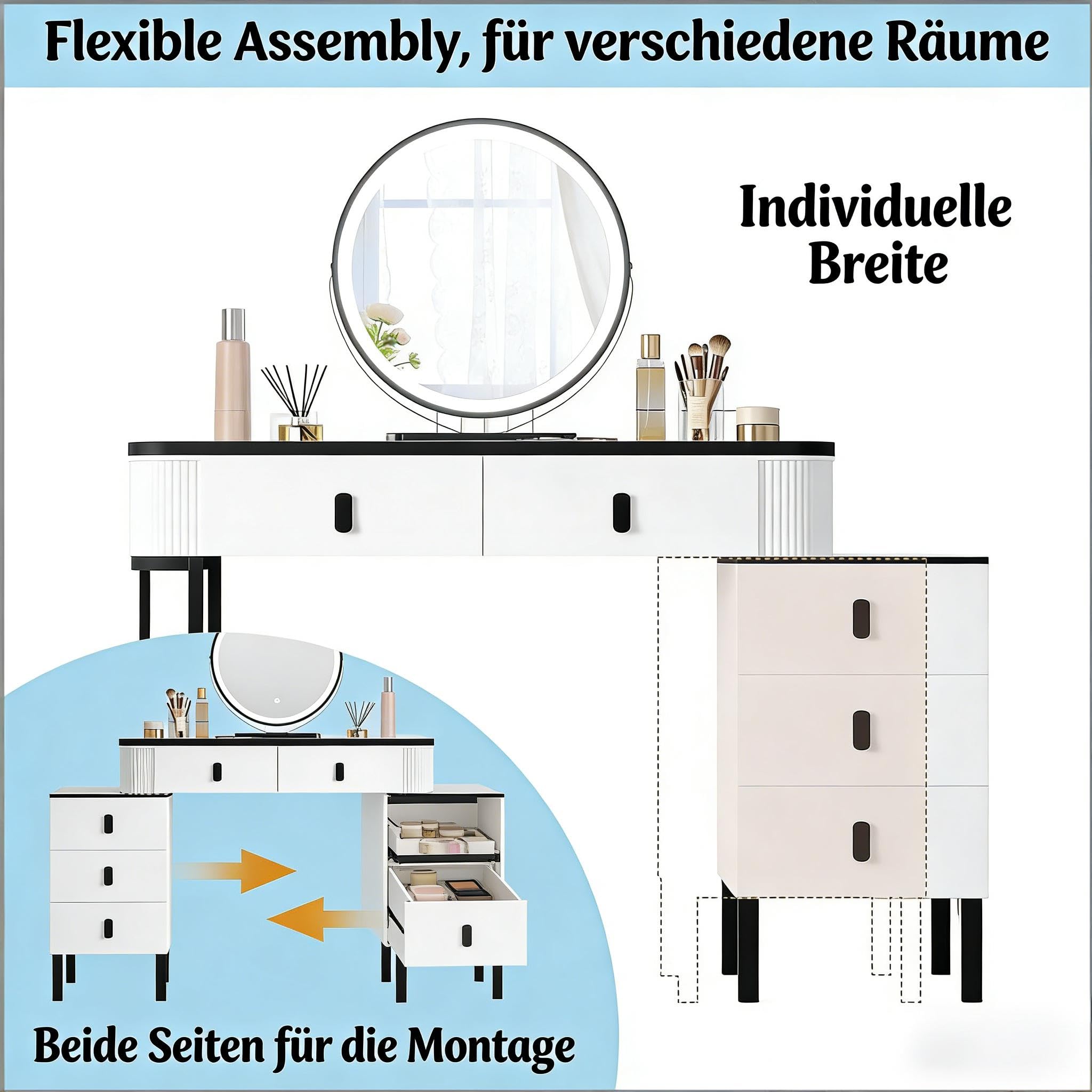 Tavolo da toeletta con specchio LED, 5 cassetti, sgabello