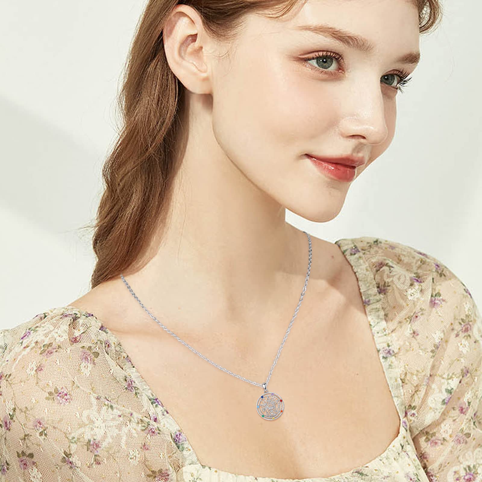 Tetragrammaton - Collar de plata de ley con colgante de pentagrama de 7 chakras, collar pagano, joyería pagana, regalo para mujer, Plata esterlina