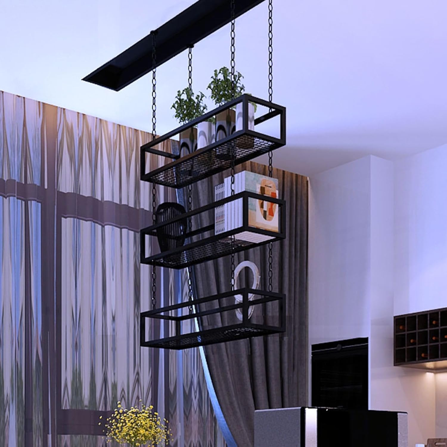 Ceiling Hanging Wine Rack & Floating Metal Plant Wall Shelf for Kitchen, Dining, Bar & Restaurant Decor (60x25x15cm) - Stylish Storage Solution