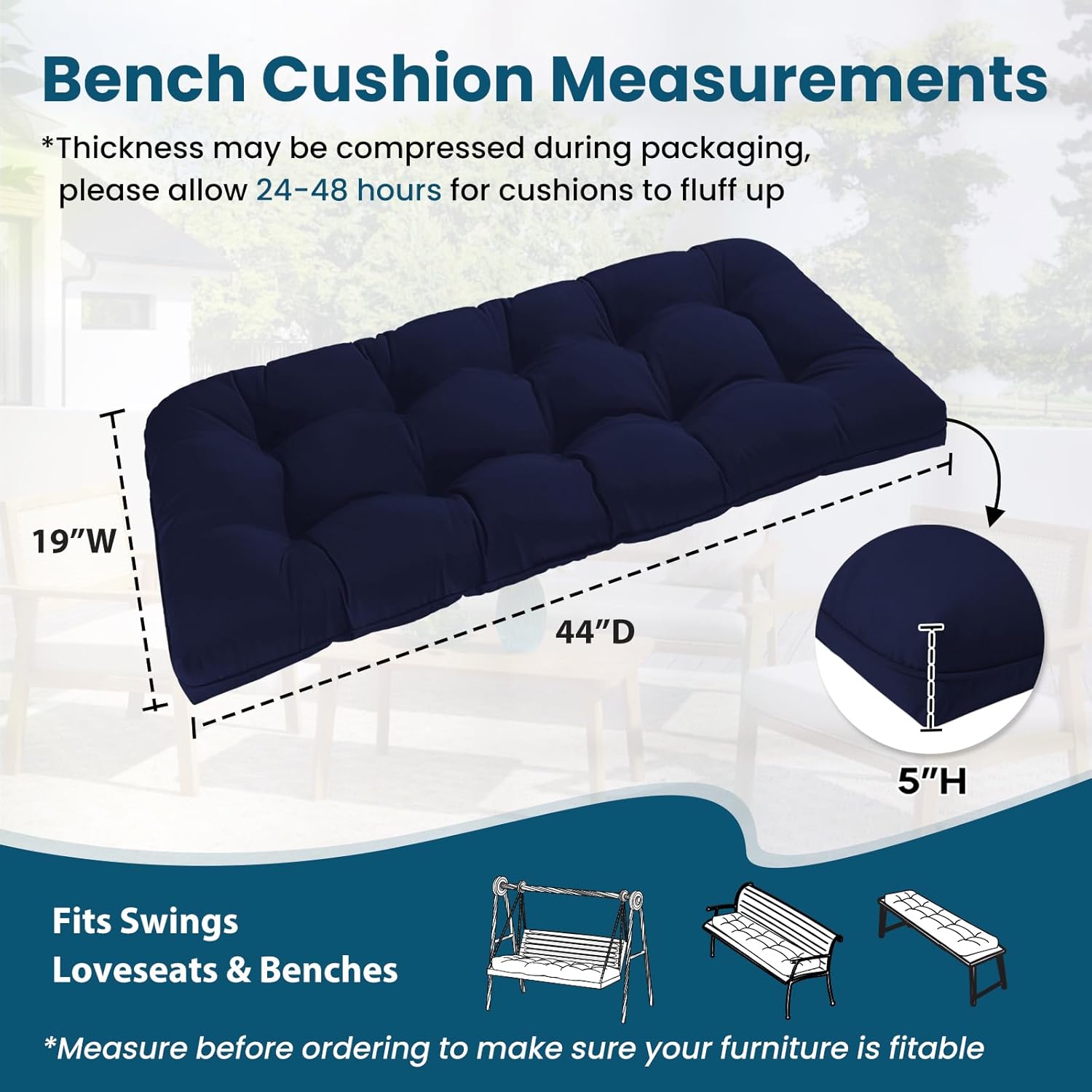 Tufted Bench Cushions for Outdoor Furniture, 44" x 19" Porch Swing Cushions Filled with Foam, Overstuffed Patio Cushions for Bench Loveseat with 2-3 Seats,Thick and Water Resistant, Navy