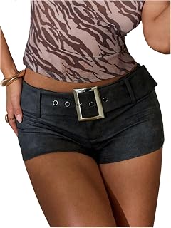 Women's Y2k Leather Mini Shorts Low Rise Buckle Belt Skinny Night Out Short Pants